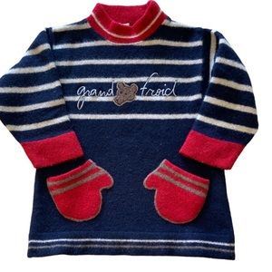 Catamini Knit Wool Blend Sweater Stripes Mitten Pockets Bear- European Small